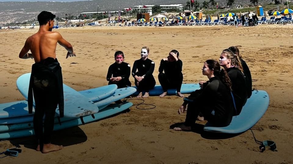A coach on the sand at Tamraght explaining the next step to two beginners in wetsuits